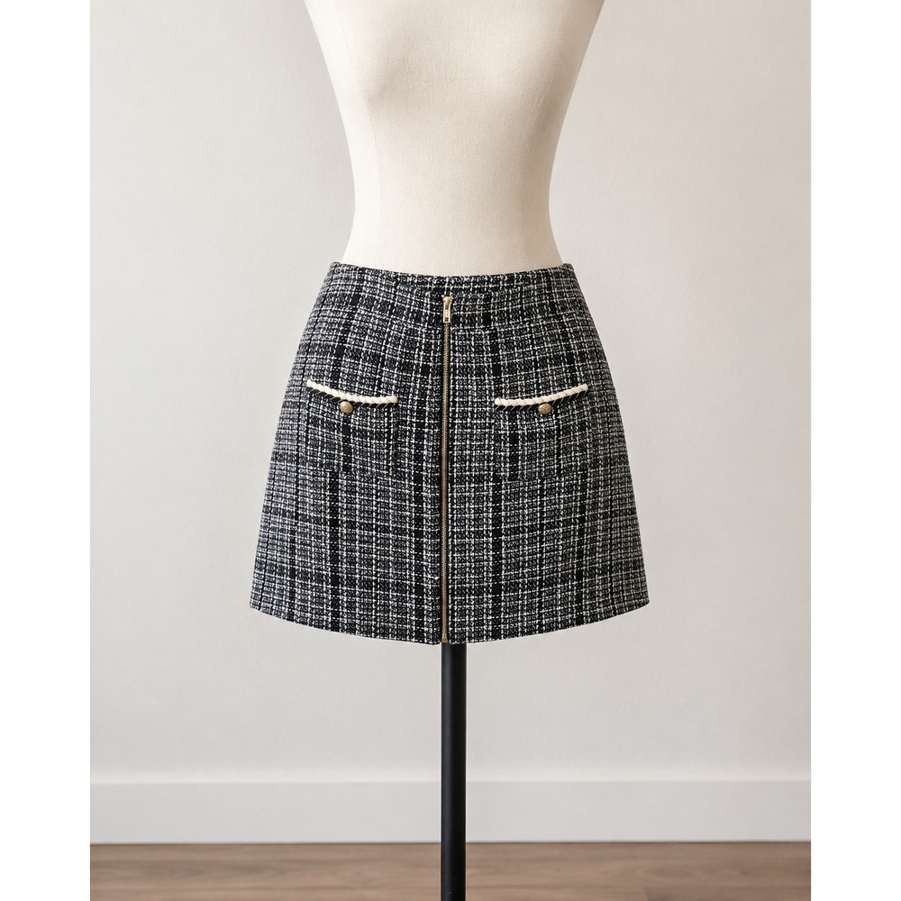 Sugarlips Black White Tweed Plaid Mini Skirt Gold Zip Front Pockets XL S2752DR